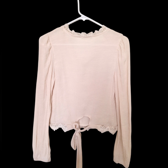 Blu Pepper Lace Trim Boho Tie Back Crop Blouse Cream Juniors Medium Cottagecore - Picture 3 of 5